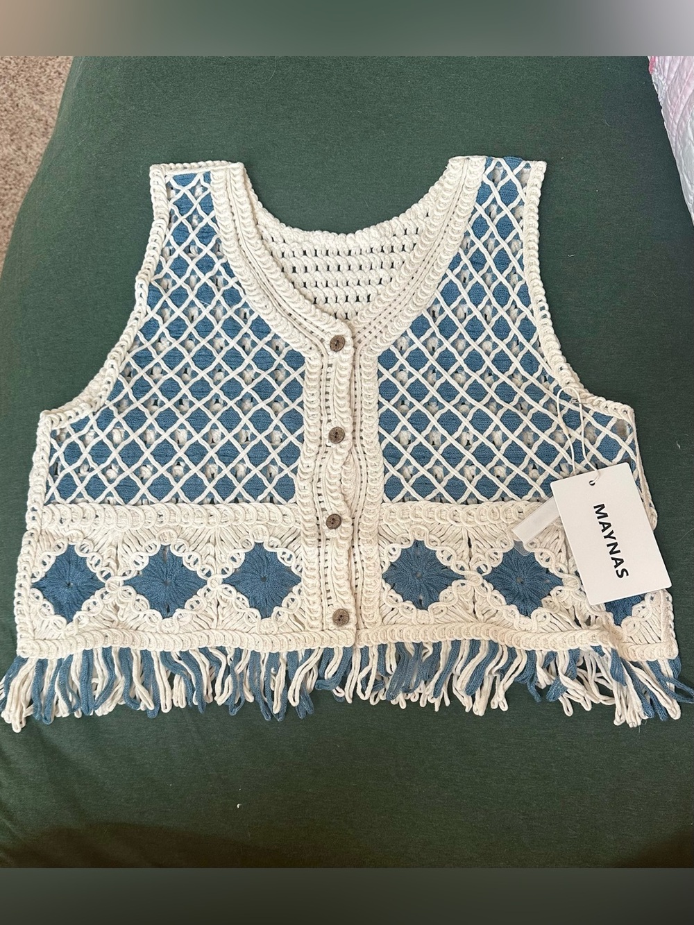 MAYVAS Crochet Fringe Vest in Cream/Blue Sz L/XL NWT - Picture 4 of 5